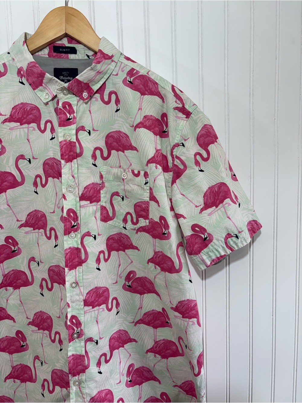 Artistry in Motion Flamingo Print Button Up Slim Fit Shirt Tropical Pink XL - Picture 6 of 10